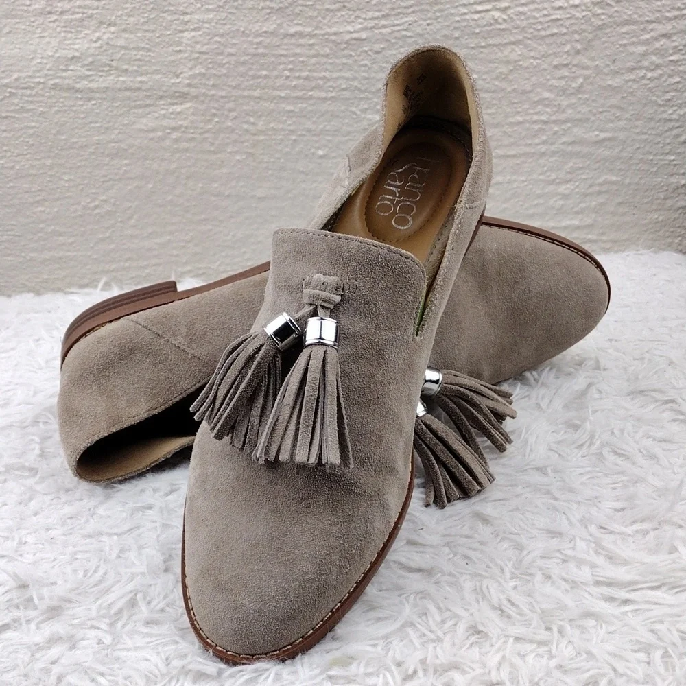 Franco Sarto Hadden Tan Suede Leather Almond Toe Low Heel Slip On Loafer Shoe